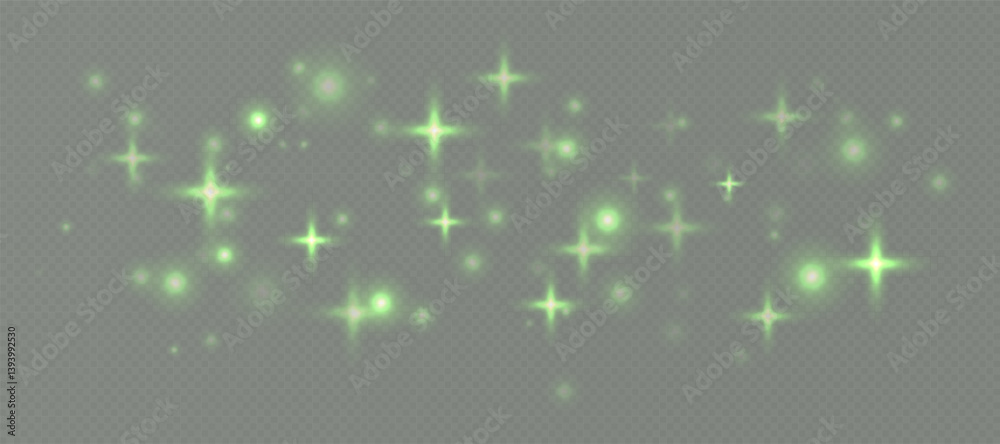 Green sparkling stars, shiny particles light effect, transparent flying stardust texture, abstract twinkle Christmas decoration. Vector illustration.