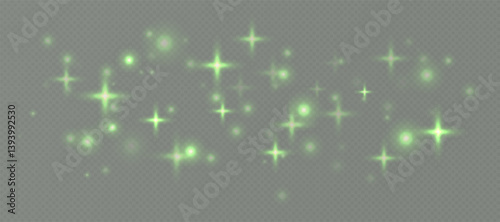 Obraz na płótnie Green sparkling stars, shiny particles light effect, transparent flying stardust texture, abstract twinkle Christmas decoration. Vector illustration. w salonie