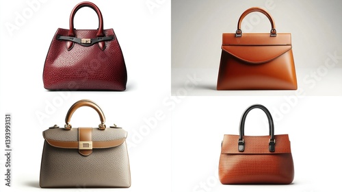 Four stylish leather handbags in different colors.