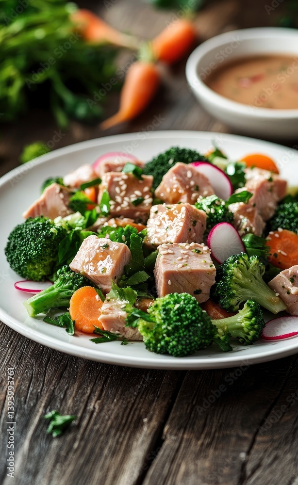 Healthy Salmon Salad with Broccoli and Carrots on Rustic Wood Table Healthy Salmon Salad with Broccoli and Carrots on Rustic Wood Table