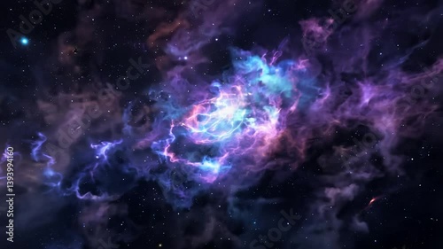Steady tracking video of the nebula, showcasing graceful cosmic clouds and pulsating glowing stars in the vast constellation, with ambient neon glows