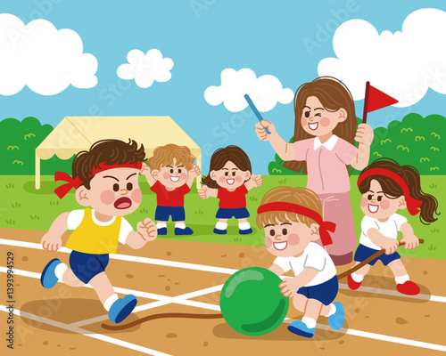 A boy running hard on the field day, a girl preparing for a tug-of-war, a boy rolling a ball. Cheering children, a cheering teacher.