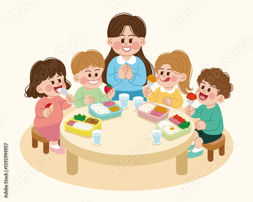 Kindergarten, Daycare Center Children who gather and eat together during lunch time. The teacher is helping the children eat.