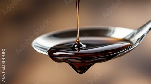Thick stream of dark soy sauce pouring into a metal spoon in close up detail showcasing Asian cooking ingredient and flavor concept.
