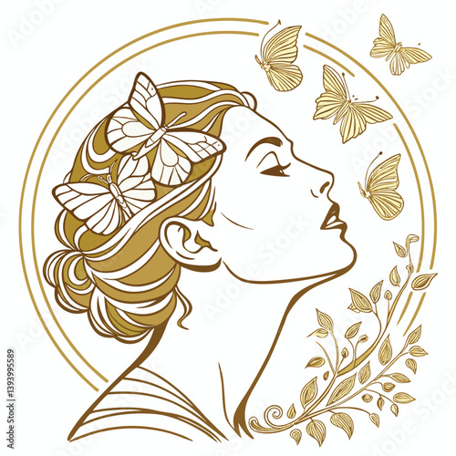 Retrato de mulher com tons dourados e borboletas ao redor da cabeça, imagem para quadros fineart. Beleza feminina em retrato. Ouro.  
