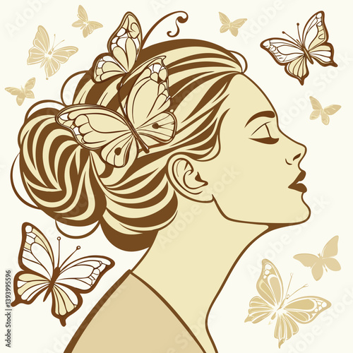 Retrato de mulher com tons dourados e borboletas ao redor da cabeça, imagem para quadros fineart. Beleza feminina em retrato. Ouro.  