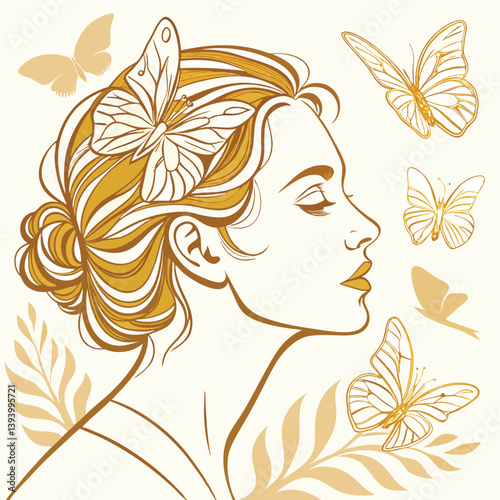 Retrato de mulher com tons dourados e borboletas ao redor da cabeça, imagem para quadros fineart. Beleza feminina em retrato. Ouro.  