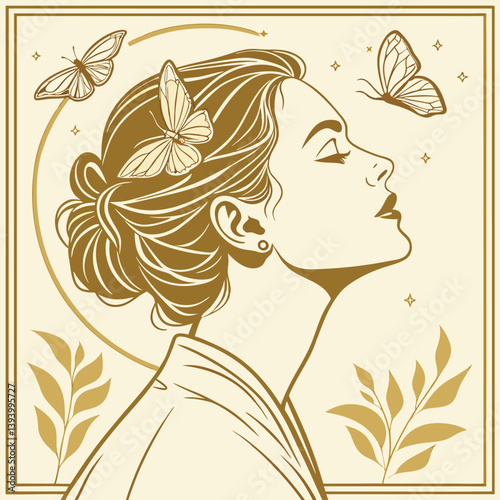 Retrato de mulher com tons dourados e borboletas ao redor da cabeça, imagem para quadros fineart. Beleza feminina em retrato. Ouro.  