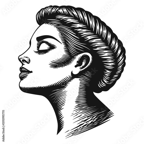 Elegant Profile of a Woman in Vintage Black and White Illustration
