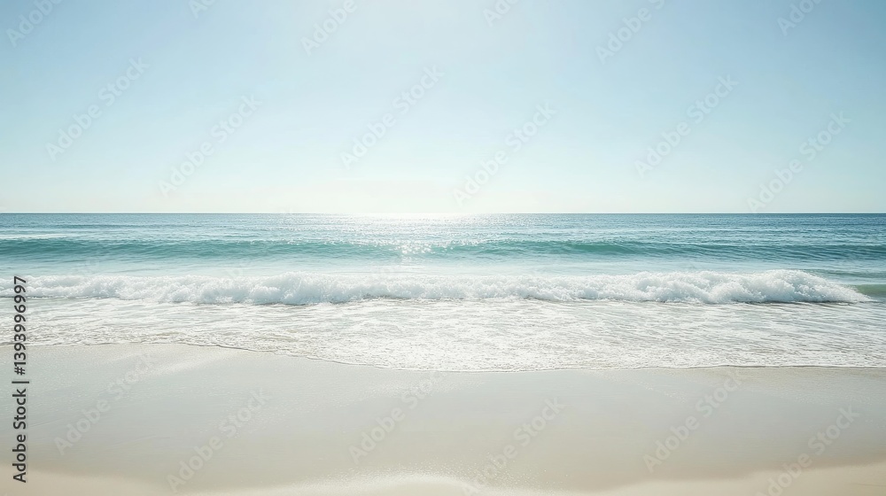 Serene Ocean Waves Gently Lapping on Sandy Beach Under Bright Blue Sky with Soft Light Serene Ocean Waves Gently Lapping on Sandy Beach Under Bright Blue Sky with Soft Light