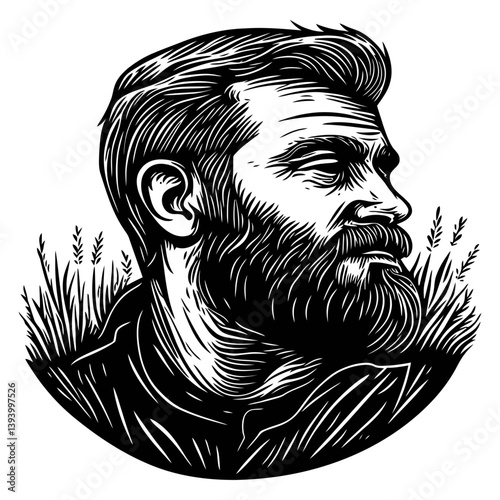 Man with Beard Surrounded by Grass in Vintage Woodcut Style