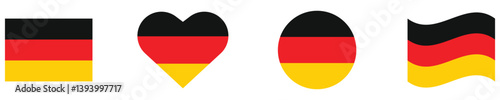 Germany flag. Germany flag set in square, circle, waving flag and heart shape icons. Vector illustration.