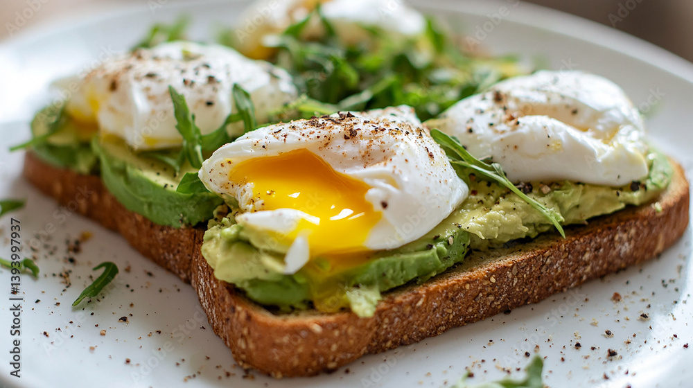 A delicious slice of whole grain toast topped with fresh avocado slices and two perfectly poached eggs, garnished with herbs, black pepper, and greens for a healthy and appetizing breakfast.
A delicious slice of whole grain toast topped with fresh avocado slices and two perfectly poached eggs, garnished with herbs, black pepper, and greens for a healthy and appetizing breakfast.