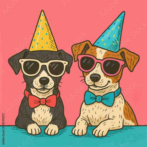Cartoon Dogs Wearing Party Hats and Sunglasses Celebrating Birthday