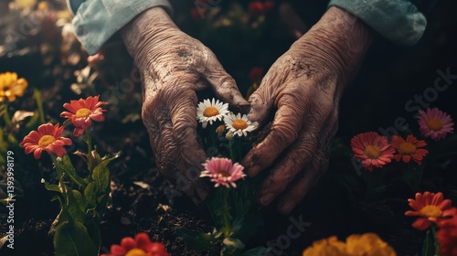 A woman is planting flowers in a garden
