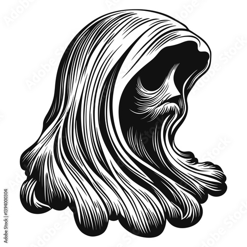 Mysterious Hooded Figure with Flowing Hair in Black and White Design