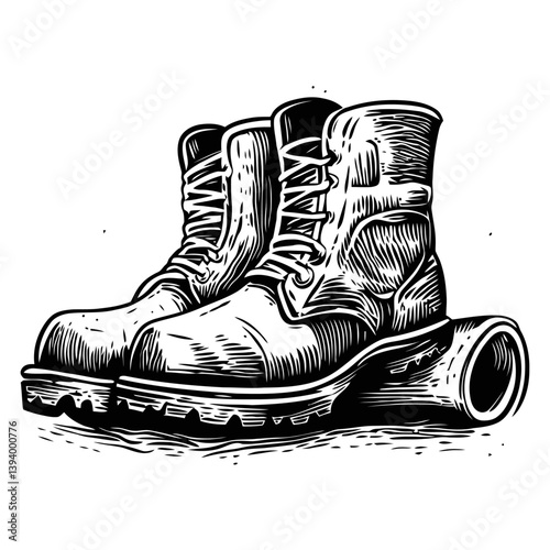 Vintage Black and White Illustration of Classic Work Boots Design