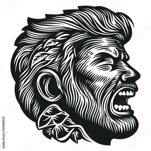 Detailed Profile of a Man with Wild Hair Expression in Black and White
