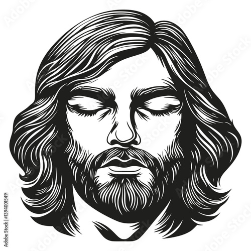 Detailed Illustration of Man with Long Hair and Beard in Profile View