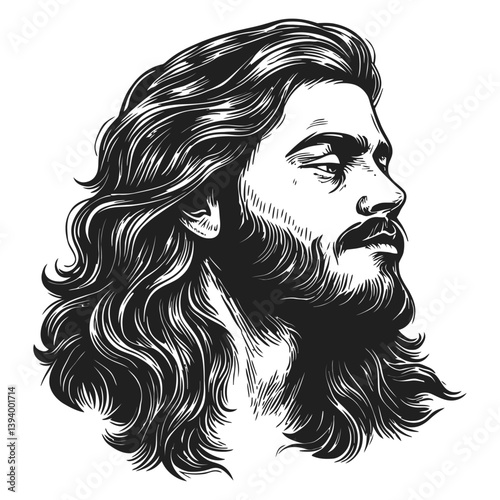 Detailed Illustration of a Male Profile with Long Flowing Hair