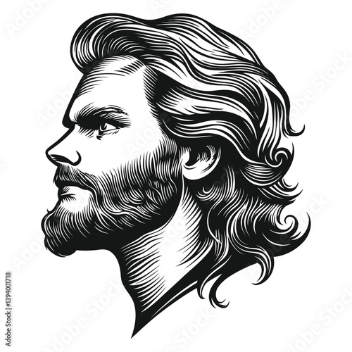 Artistic Portrait of a Man with Long Hair and Beard in Profile View