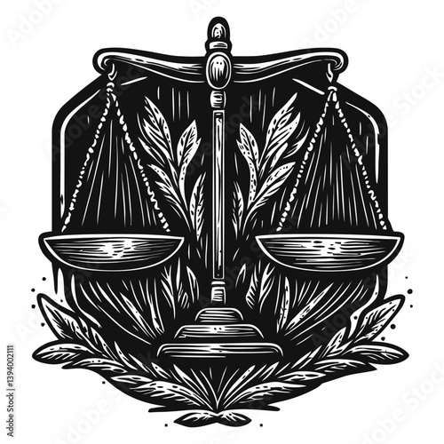 Vintage Justice Symbol with Scales and Leaves in Black and White Style