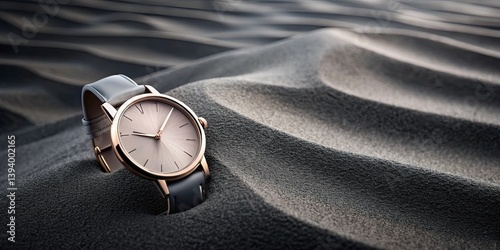 Fototapeta Naklejka Na Ścianę i Meble -  Delicate pastel monochrome black luxury wristwatch with fire black sand dune background, luxury, watch, wristwatch, black