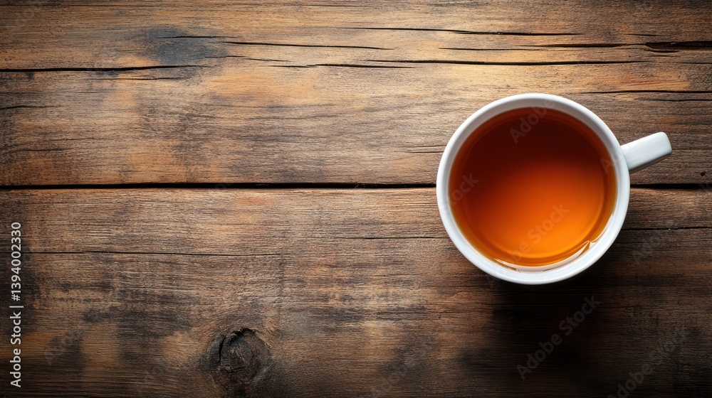 Obraz premium Overhead view of teacup on rustic wood, background blurred, for menu design