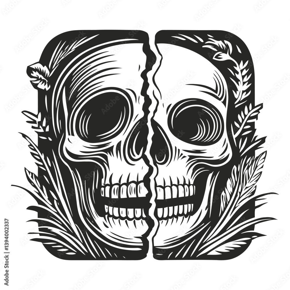 Obraz premium Intricate Black and White Design of Split Skull with Leaves