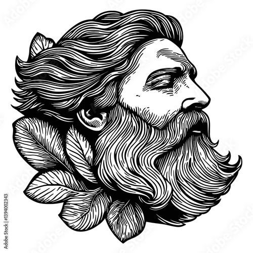 Vintage Male Portrait with Flowing Hair and Leafy Accents