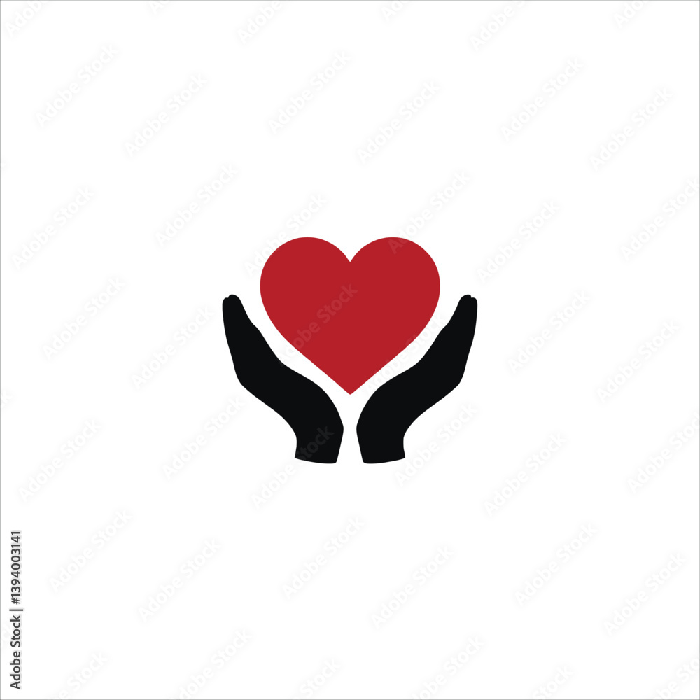 Vector logo heart, caring hands, compassion icon, love vector logo, kindness design, support emblem, humanity artwork.