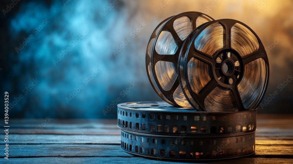 Obraz premium stack of vintage film reels on rustic wooden table bathed in warm nostalgic light. international day of cinema and film