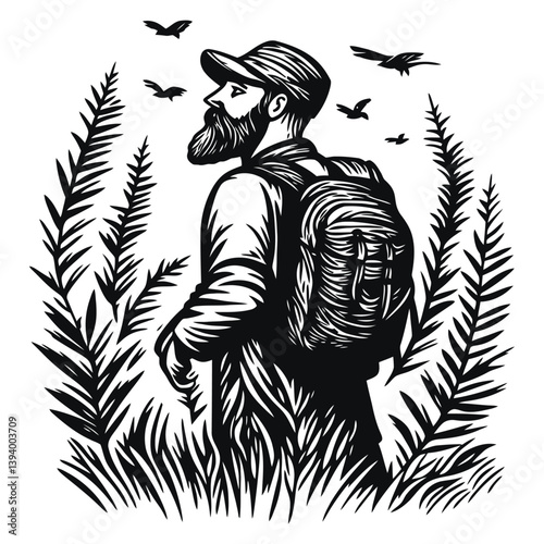 Man with Backpack in Nature Surrounded by Birds and Foliage