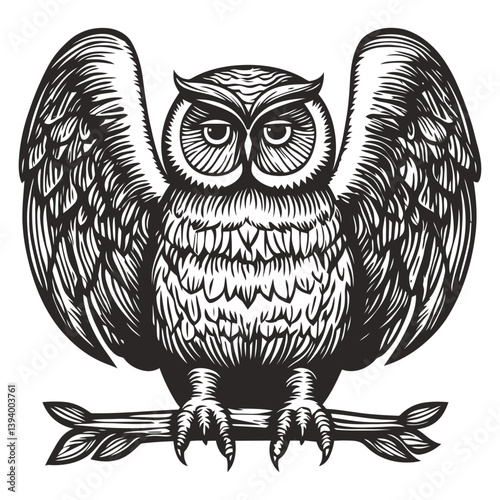 Detailed Illustration of Owl with Wings Spread and Branch
