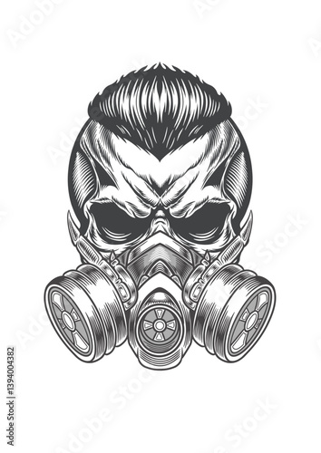 Skull with mowhawk hair style in cyber mask 30 - BW