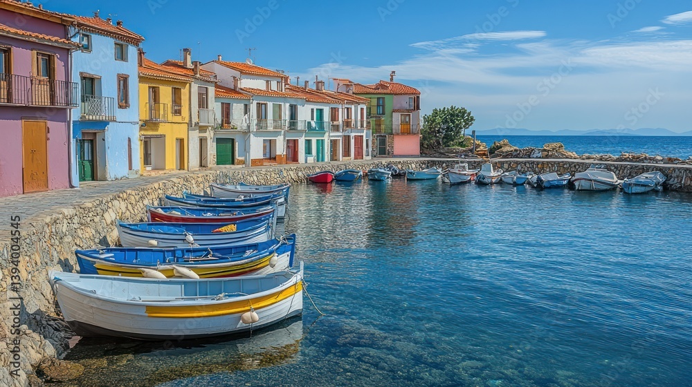 Obraz premium Colorful fishing boats dock, Mediterranean village, sunny day, clear water, travel postcard
