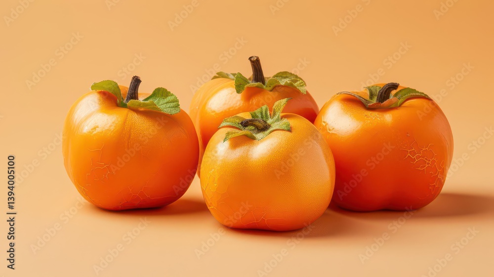 Four vibrant, realistic persimmons against a soft orange background. Four vibrant, realistic persimmons against a soft orange background.