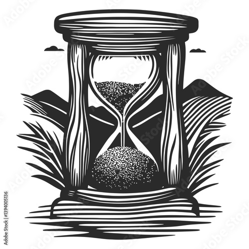 Artistic Black and White Hourglass Illustration in Nature Landscape