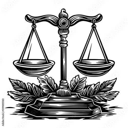 Vintage Scale of Justice Symbol with Leaves and Decorative Elements