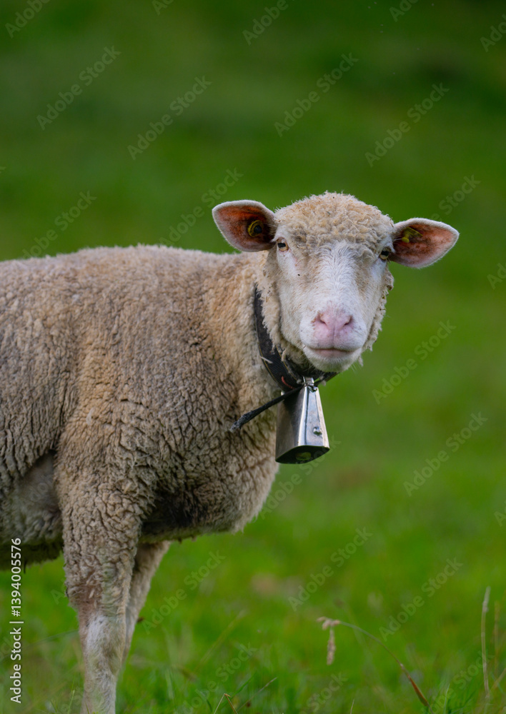 The sheeps in the meadows. Sheep with bell. Sheep pasture on an farm, close up. Sheep eating grass on a field. Sheep grazing in an alpine meadow. The sheeps in the meadows. Sheep with bell. Sheep pasture on an farm, close up. Sheep eating grass on a field. Sheep grazing in an alpine meadow.