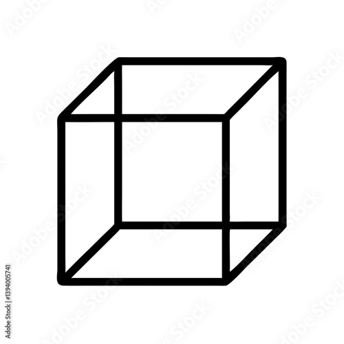 A bold, black line drawing of a three-dimensional cube, suggesting structure and geometric simplicity on a white background.