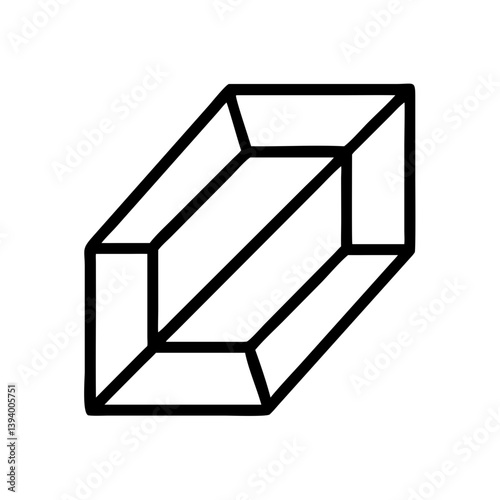 A bold, black line drawing of a three-dimensional geometric shape, suggesting depth and perspective in a minimalist style.