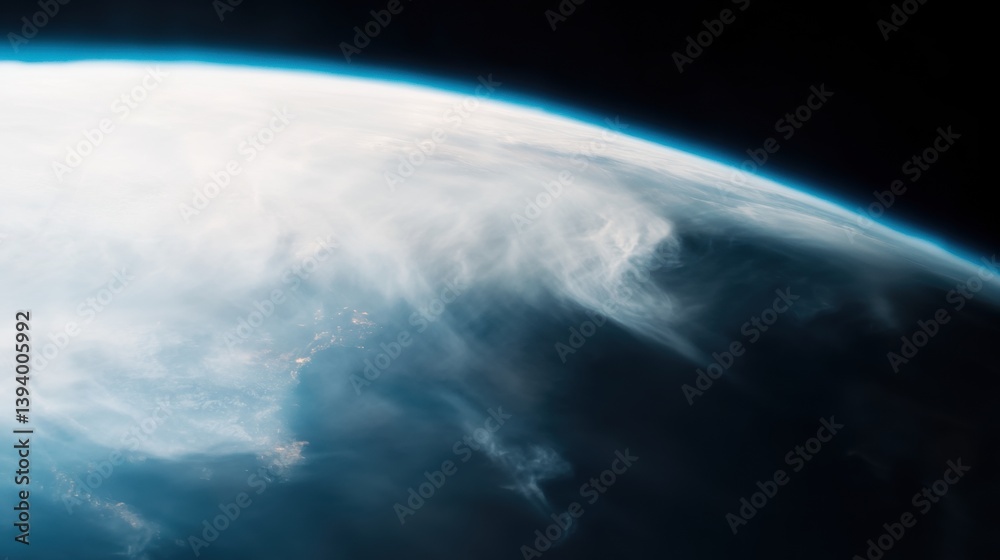 Fototapeta premium Twilight casts a gentle glow on the Earth's edge, where clouds drift gracefully above the ocean, displaying a serene atmosphere