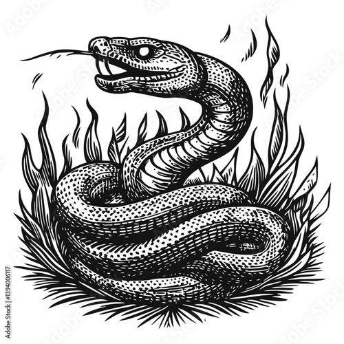 Detailed Illustration of a Snake Coiled in Fiery Grass Environment