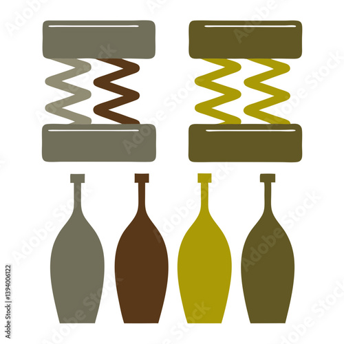 A playful graphic of bottles suspended by springs, showcasing earthy tones and a mid-century modern aesthetic.