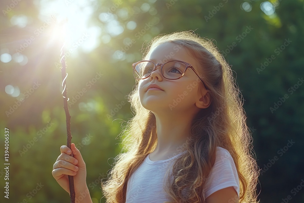 Girl Holding Stick and Looking Up Outdoors in Sunlight with Glasses