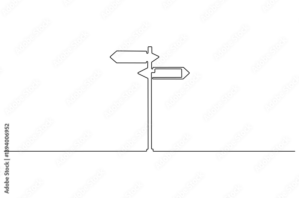 Continuous one line drawing of Road direction. Single line drawing illustration of Road direction sign arrows. Concept for web banner. Doodle line illustration.