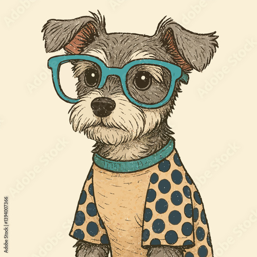 Dog Cartoon Illustration Wearing Glasses and Polka Dot Shirt