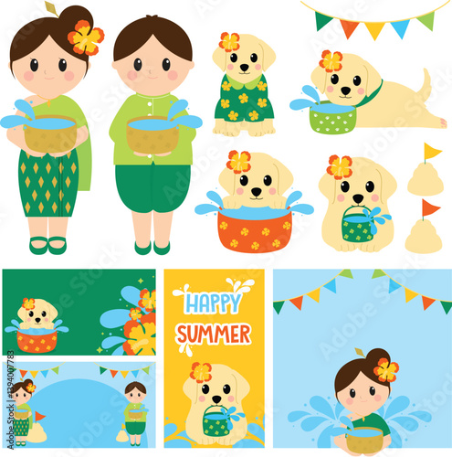 Songkran, Thai New Year, Water Festival, Dog, Kids, Girl, Boy, Summer, Flower, Bowl, Splashing, Happy, Colorful, Traditional, Fun, Celebration, Asia, Thailand, Culture, Cartoon
