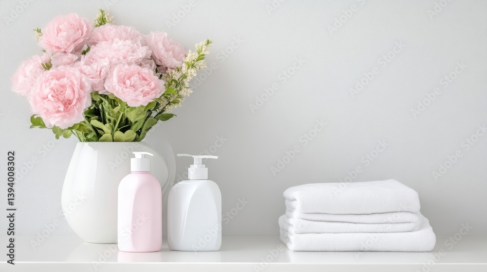 Pink flowers, bottles, and towels on a shelf Pink flowers, bottles, and towels on a shelf
